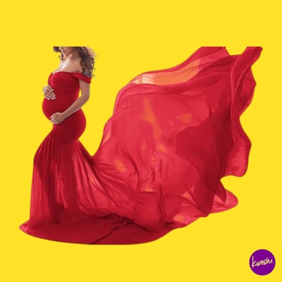 ODIZLI Damen Umstandskleid Meerjungfrau, schulterfreies Tüllkleid, rot, Einheitsgröße