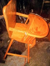 Antique Wooden High Chair Brown with Animal Design Tray and Footrest 1940 s