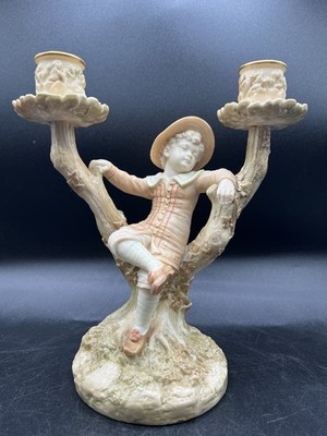 Royal Worcester-Hadley-1124-Ivory Double Candlestick-Young Boy On Tree Decor-9''