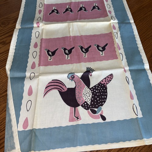 Vintage Henne Hahn Geschirrtuch/Handtuch rosa blau braun 28x15 hat Vergilbung - Bild 5 von 8