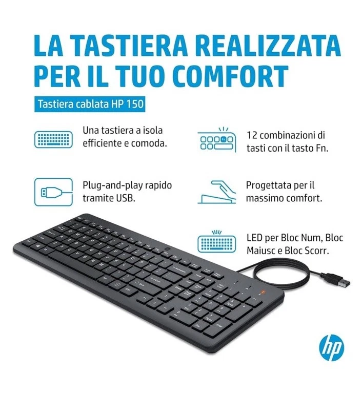 HP 150 Tastiera Cablata Connessione con Cavo USB A con la Lunghezza di 1 m 12 - Immagine 2 di 4