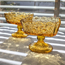 L.G. Wright Amber Daisy & Button Pedestal Compote Bowls Set of 2, Square, 3.5" H