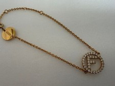 FENDI Gold Tone Crystal Bracelet Rhinestone Logo Near Mint Authentic