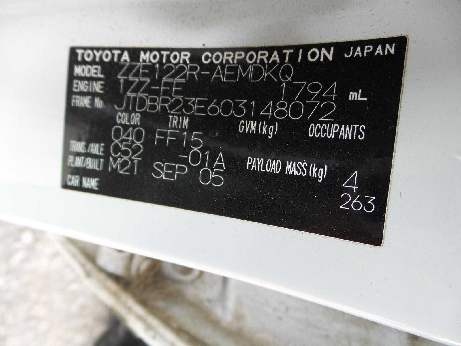 2005 Toyota Corolla RIGHT DRIVESHAFT ZZE122 (JAPAN-VIN JTD) MANUAL NON ABS12/01-06/07 image 5