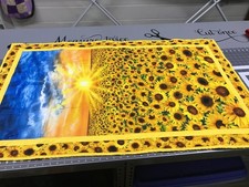 Homemade Field of Sunflowers quilted wall hanging with hanging collar