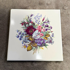 Vintage Ceramic Floral Trivet Hot Plate 6x6 USA Made Square Tile Flowers