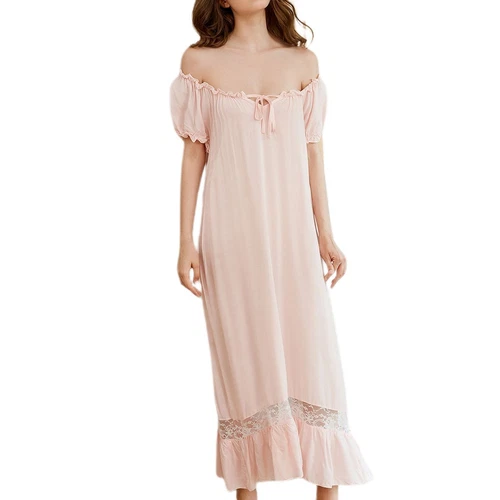 Camisón de mujer princesa manga corta cuello cuadrado algodón suave vestido largo para dormir - Imagen 11 de 34