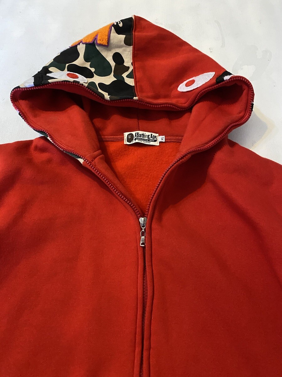 Men's A Bathing Ape Shark Hoodie Full Zip Red Sweatshirt Size XL