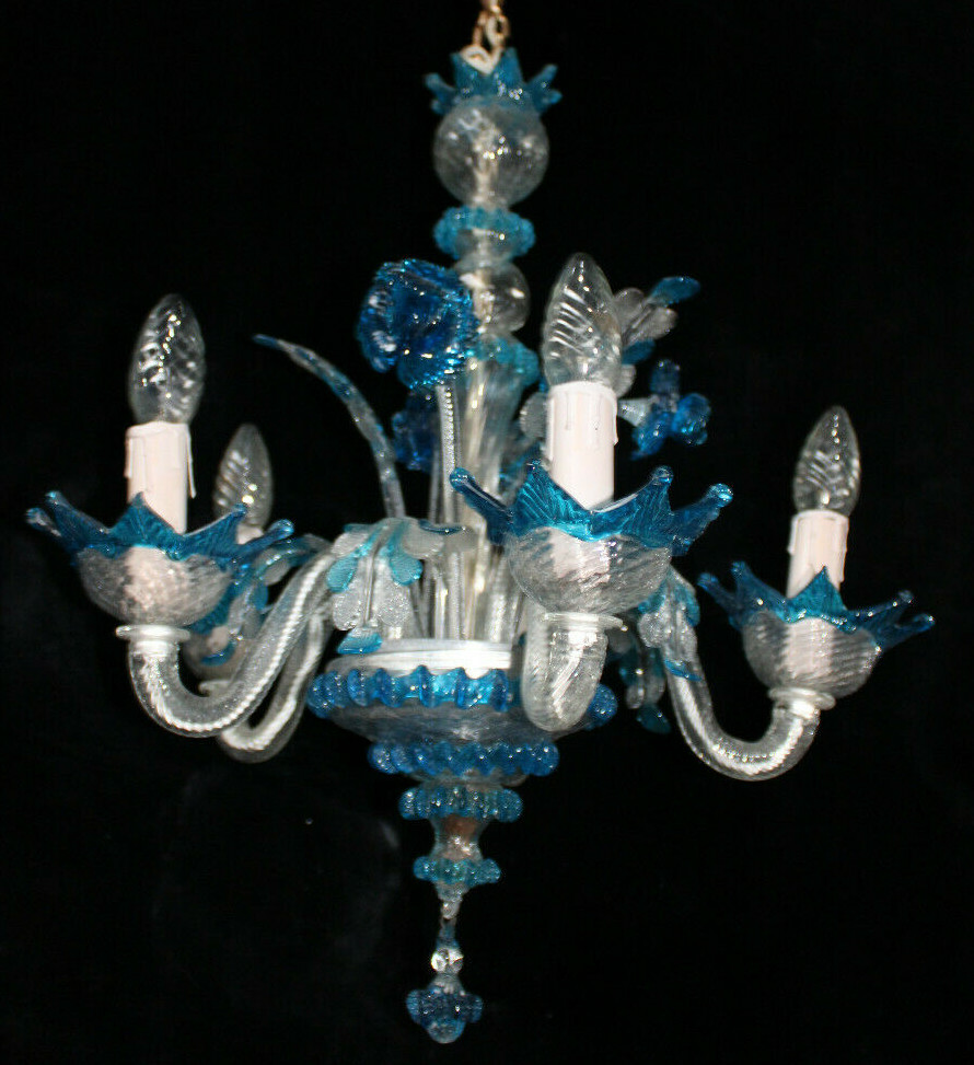 Murano hand blown blue clear glass chandelier lamp italian 1970 