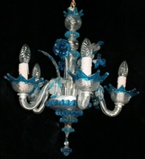 Murano hand blown blue clear glass chandelier lamp italian 1970 