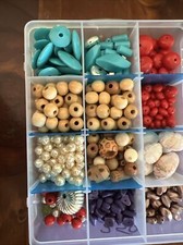 Bulk Lot Beads In Container plastic Acrylic And Wood Mix Chunky Natural Blue Red