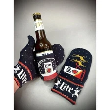 Miller Lite Knit Holiday Gloves Ugly Christmas Sweater Theme with Beer Holder