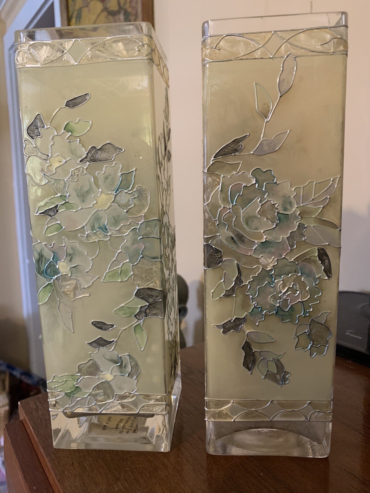 Pair Of Joan Baker Hand Painted Stained Glass Style Vases eBay