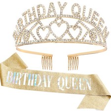 Birthday Crown Birthday Queen Sash  Rhinestone Tiara Kit for Women GirlsTiar...