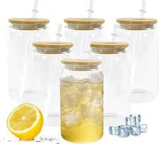 USA Warehouse sublimation Glass Cups Clear 16oz Blanks Beer Can w/ Bamboo Lids