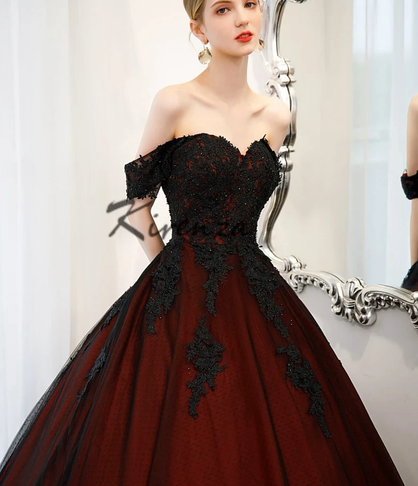 Colorful Burgundy Black Wedding Dress Bridal Gown Designer Custom made Corset - Image 3 of 4