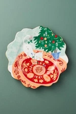 Anthropologie Plate EMILY ISABELLA Dessert HOLIDAY SPIRIT Cat Christmas Tree NWT