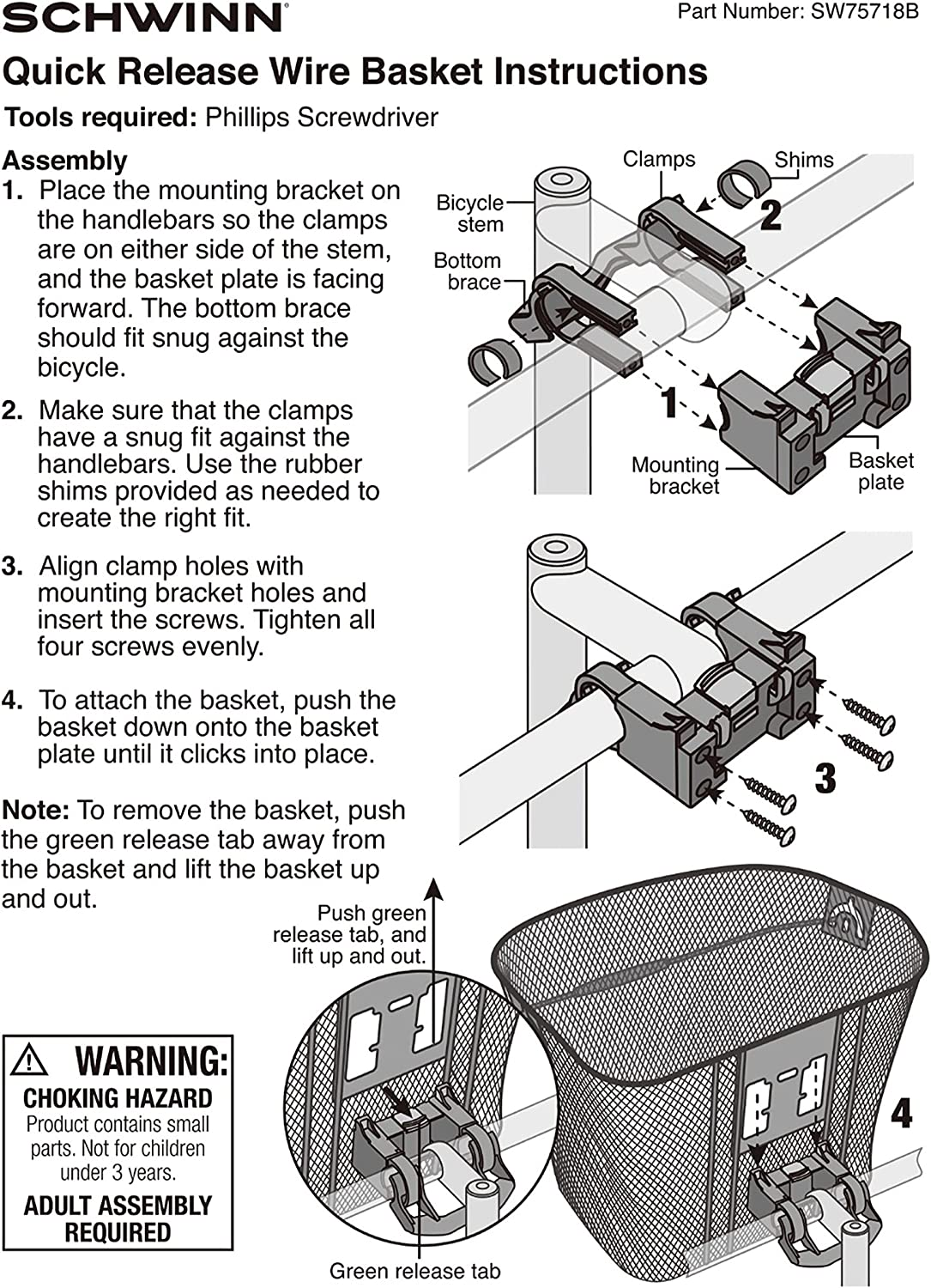 Schwinn Bike Wire Basket, Easy Quick Release Handlebar Mount