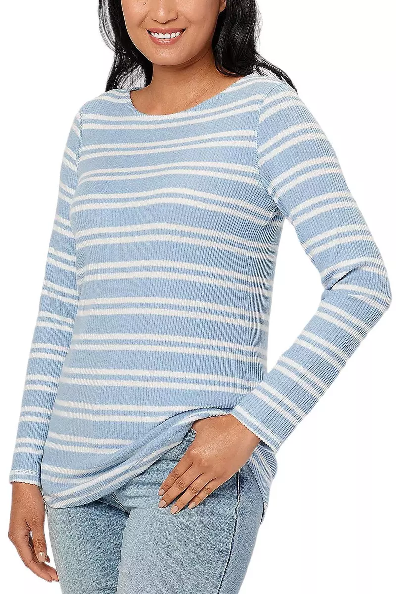 Susan Graver Weekend Striped Brushed Rib Knit Tunic Slate Blue
