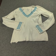 Ann Taylor LOFT Sweater Womens XS White V-Neck Beaded Embroidered Lightweight