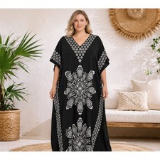 Gypsy Blue Black White Medallion Kaftan Maxi Dress Cover Up Plus Size