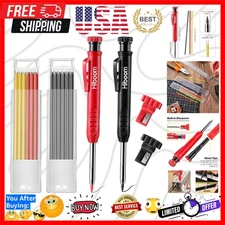 2 Pack Solid Carpenter Pencil with 14 Refill, Long Nosed Deep Hole Mechanical...