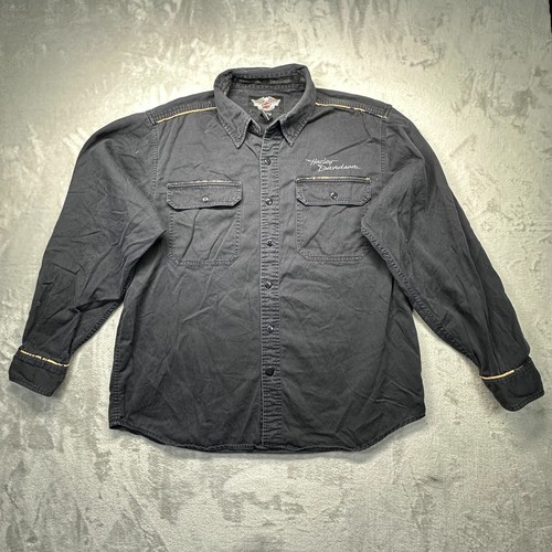 Vintage Harley Davidson Shirt Mens Large Black Retro Streetwear Y2K Button Up