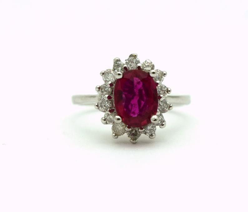 2.35 Ct Oval Cut Natural Red Ruby Diamond Engagement Ring 14K White Gold Size 7
