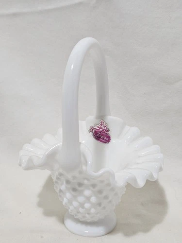 Fenton White Hobnail Milk Glass Basket Ruffled Edge  6.25” Vintage