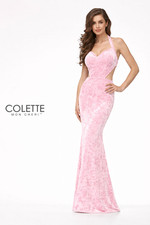 Colette by Mon Cheri Pink Orange Crushed Velvet Halter Gown Cutout Sides sz 6