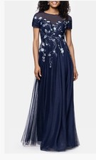 Betsy & Adam Navy Blue Embroidered Sequin Floral Bodice Mesh Gown $319