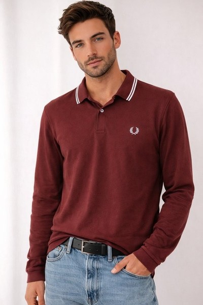 Men Fred Perry Long Sleeve Polo Burgundy Cotton M