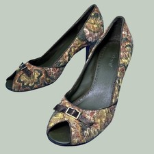 Vintage 80s Madeline Heels Women 8 Brocade Tapestry Peep Toe Floral DarkAcademia
