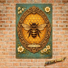Bee Kind Honeycomb Bumble Bee Tin Sign 8x12 Rustic Nature Home Wall Art