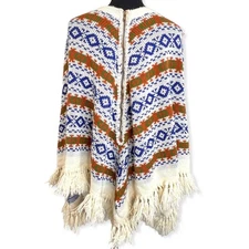 Vintage Tundra Canada Womens Wool Orlon Fair Isle Knitted Poncho Zip Front