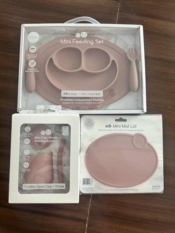 ezpz Happy Feeding Set for Toddler/Preschool: Suction Mat, Utensils, Cup + Straw