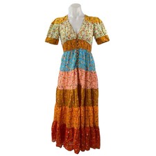 Anthropologie Tiered & True Multicolor Floral Colorblock V Neck Maxi Dress XXS
