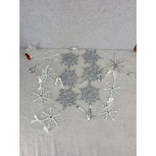 Silver White Snowflake Ornaments Lot Glitter Sparkle Christmas Holiday Decor Set