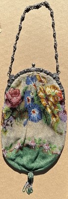 Antique Beaded Handbag Purse Fancy Floral Design Sterling Silver Frame
