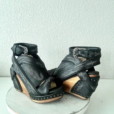 Lane Boots LEXINGTON Womens Black Wedges 7.5 Western Sandals Cowgirl Wooden Heel