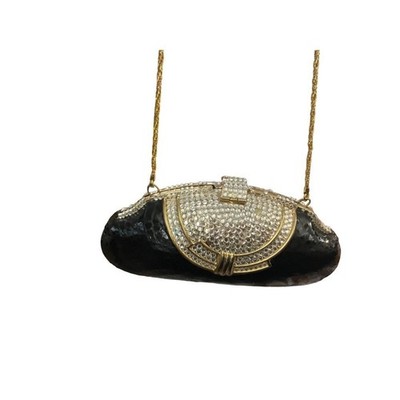 Vintage Style Rhinestone Minaudiere Clutch Bag Womens Black Gold Good Art Deco
