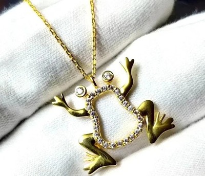 1.50Ct Round Cut Real Moissanite Women Frog Charm Pendant 14K Yellow Gold Plated