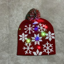 Festive Red Snowflake Light Up Beanie Christmas Lights Hat Three Settings