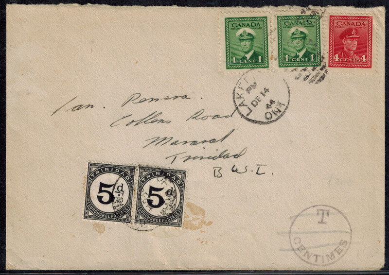 Trinidad & Tobago 1944 Postage Dues SG D22 5d Dues Pair on Canada Cover AMAZING