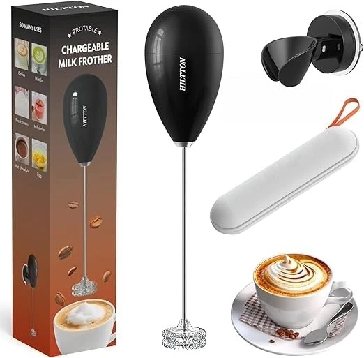 Rechargeable Milk Frother Handheld with Stand and Travel Pouch – Portable Ele...