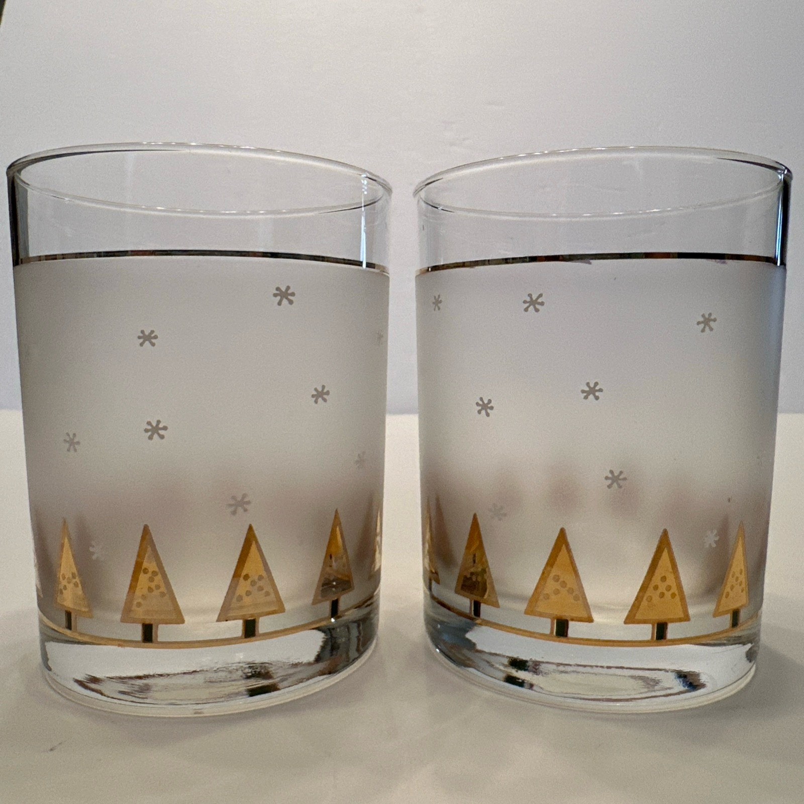 (2) Vintage Culver Double Old Fashion Frosted Gold Christmas Tree Glasses MCM