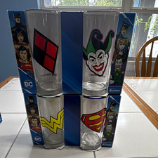 DC 4pc 27cl Drinking Glass Set Superman Wonder Woman Joker Harley Quinn Auchan