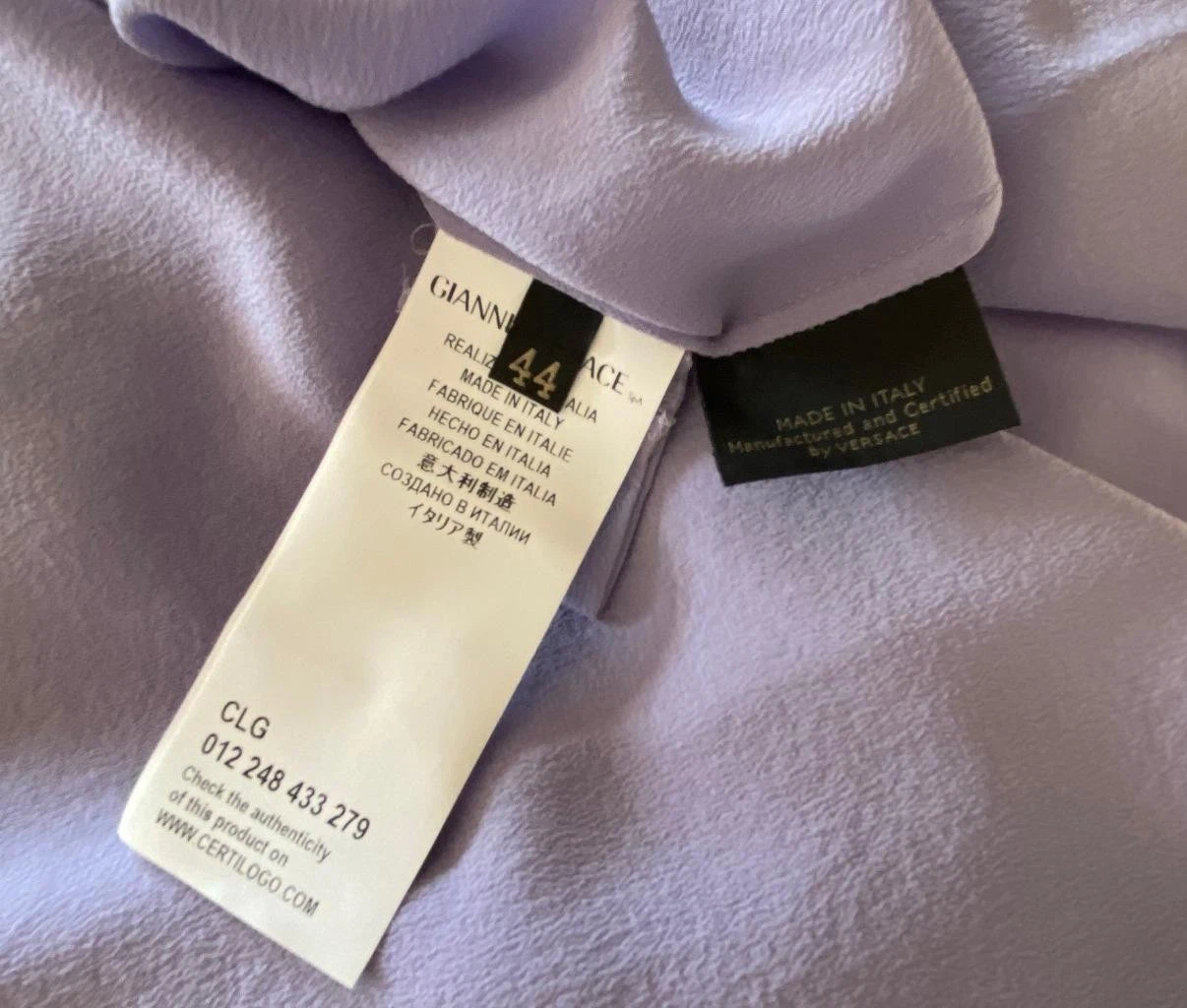 Camicia top in seta viola chiaro VERSACE IT44 UK12 nuovo abito blusa