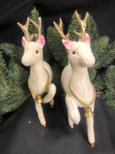 Vintage Christmas 2 Flocked Prancing Reindeer Ivory Cream Gold Japan