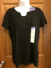 Laura Scott Black Onyx Lace Overlay Short Sleeve Tee Shirt Misses Size Small NWT